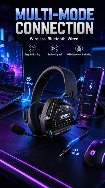 Casque de jeu sans fil BZUMK, écouteurs circum-auraux Bluetooth à faible latence avec micro, basses profondes, 50 mm, RGB, pour PC, PS4, PS5, ordinateur portable, gamer