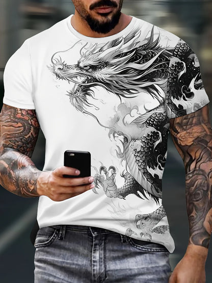 Miesten Dragon-kuvioitu T-paita, rento hengittävästä kankaasta valmistettu graafinen tee, street style -ulkomuotipaita, lyhythihainen paita miehille