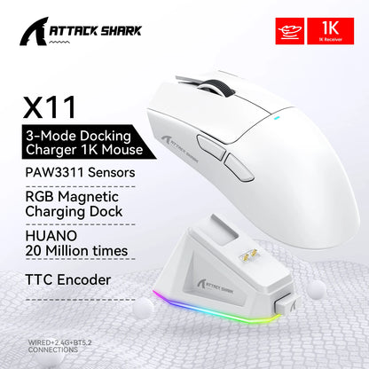 ATTACK SHARK X11 trijų režimų lengva žaidimų pelė su PAW3311, 22000DPI, 400IPS, 40G, 59g, magnetiniu greituoju įkrovimu ir RGB apšvietimu