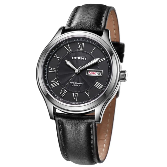 BERNY Automatic Watches for Men Sapphire Luminous Hands Day Calendar Dress Luxury Mechanical Watch 5ATM Vintage-Style Wristwatch