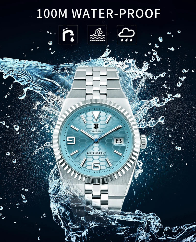 Corgeut 40mm Luxury NH35 Movt Man Sport Clock Automatic Relogio Masculino Mechanical Wristwatch Sapphire Ice Blue Men's Watch