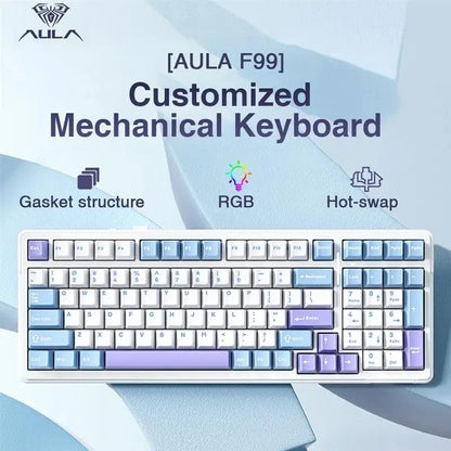 Teclado mecánico gaming Aula F99 de 99 teclas, tres modos: 2.4g inalámbrico, Bluetooth y cableado, hot swap, PBT, gasket y RGB para juegos y escritura