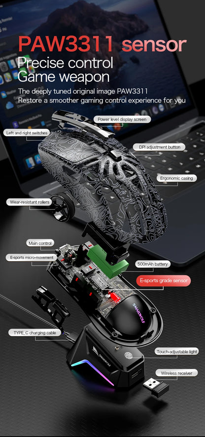 SMAILWOLF M8 Wireless Bluetooth Tri-Mode Mouse Lightweight PAW3311 Gaming RGB Magnetic Charging 12000dpi Gaming Mouse