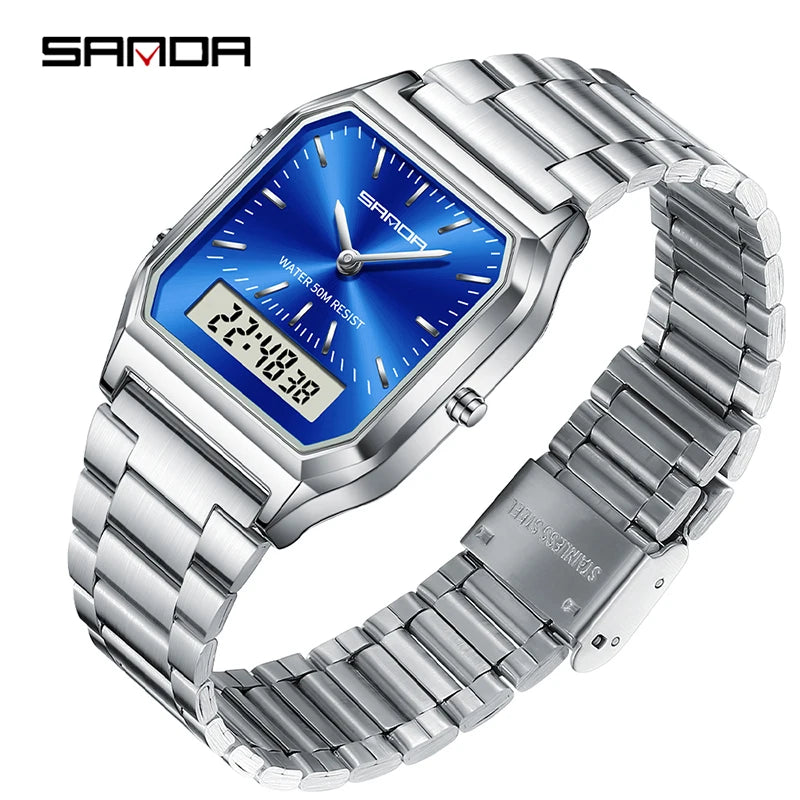 SANDA 747 Luxury Mens G Style Watches Stainless Steel Women LED Digital Dual Display Clock Unisex Waterproof Sports Quartz Watch