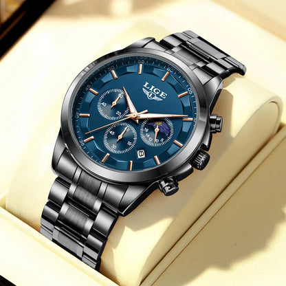 Montre pour homme LIGE – Chronographe à quartz de luxe, étanche (3 bars), avec aiguilles luminescentes