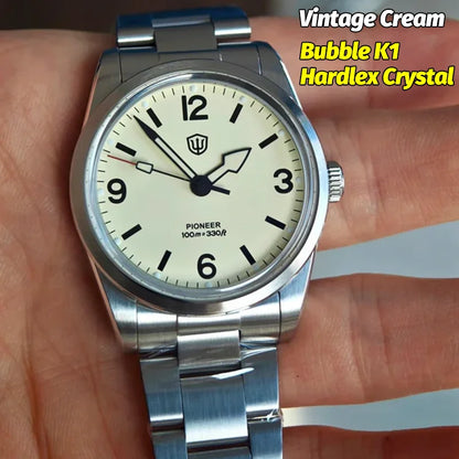 Montre à quartz pour homme Watchdives WD1960S V2, style vintage, cadran crème, 36 mm, mouvement VH31 à trotteuse fluide, verre saphir bombé, étanche 10 ATM, aiguilles luminescentes, boîtier en acier inoxydable