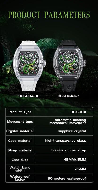 BONEST GATTI Men Mechanical Watch Sapphire Crystal Double Sided Hollow Out Luminous 30M Waterproof Snake Pattern Dial Wristwatch