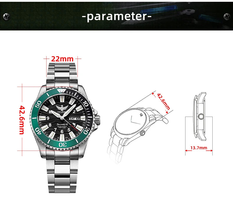 Yelang V1217 42mm Japan Eco-Drive Solar Watch Men's Watch 300M Diver Watch  30ATM Professional Waterproof  Sapphire Luminous