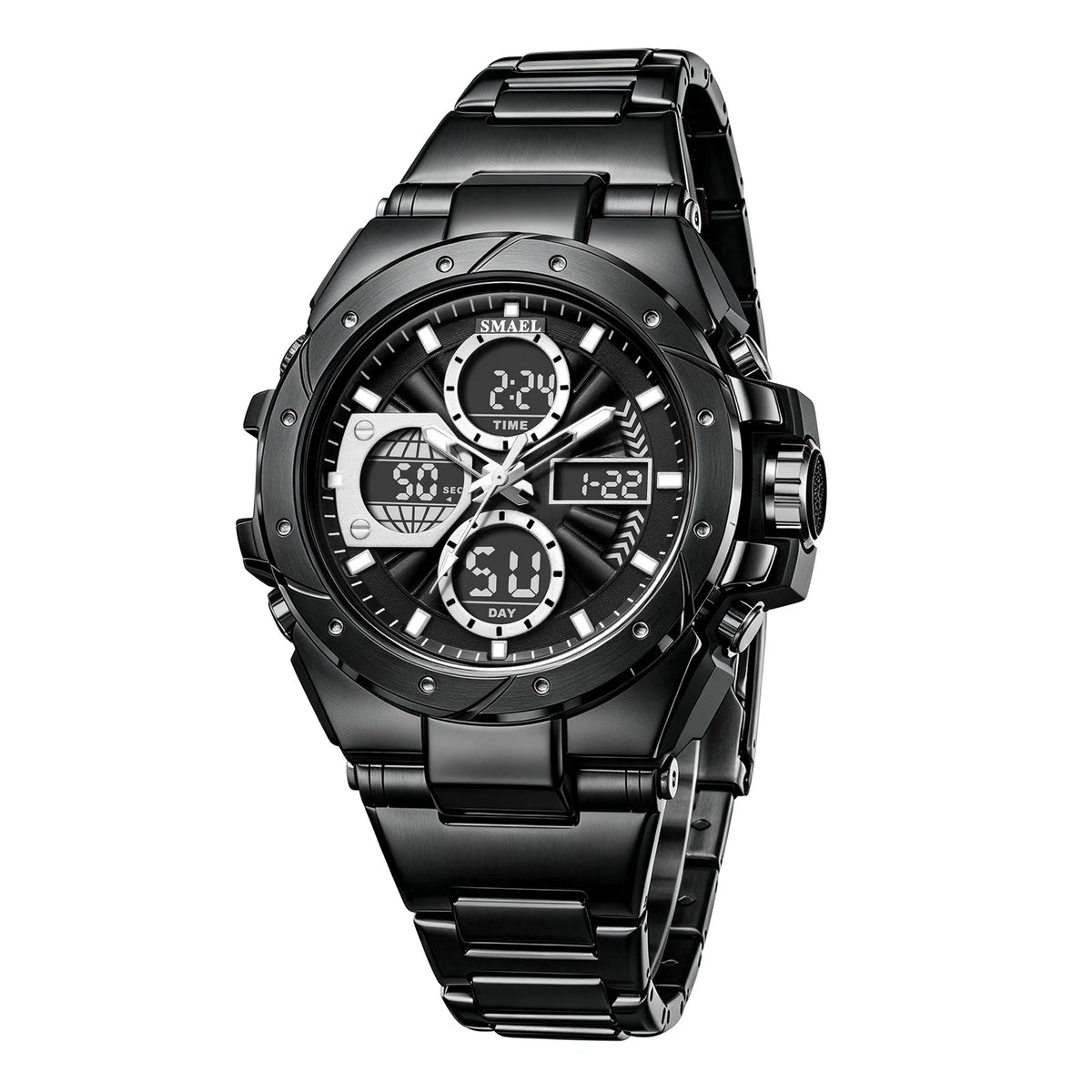 SMAEL 8160 Men’s Watch – Military-style sports model, analogue and digital, stainless steel – Water-resistant, with LED display, alarm, chronograph and stopwatch
