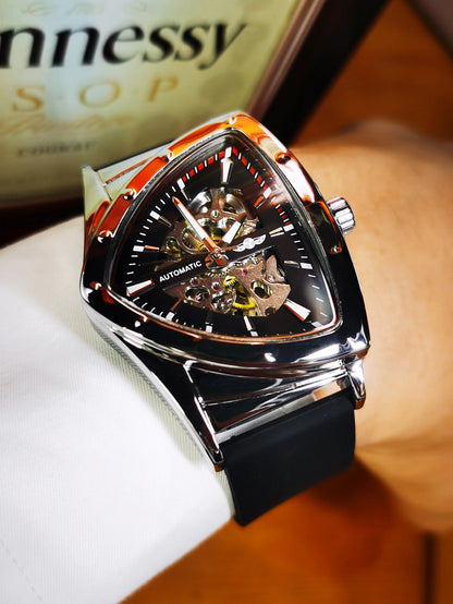 Montre automatique pour homme WINNER, design squelette triangulaire, aiguilles luminescentes, bracelet en caoutchouc, style militaire, montre mécanique de luxe