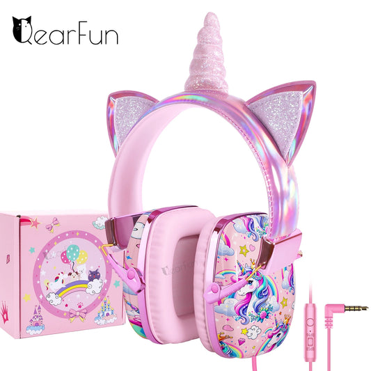 Écouteurs filaires pour enfants licorne avec micro, limiteur de volume 85/94dB, protection auditive plus sûre, écouteurs pour enfants pour les voyages, cadeau pour enfants