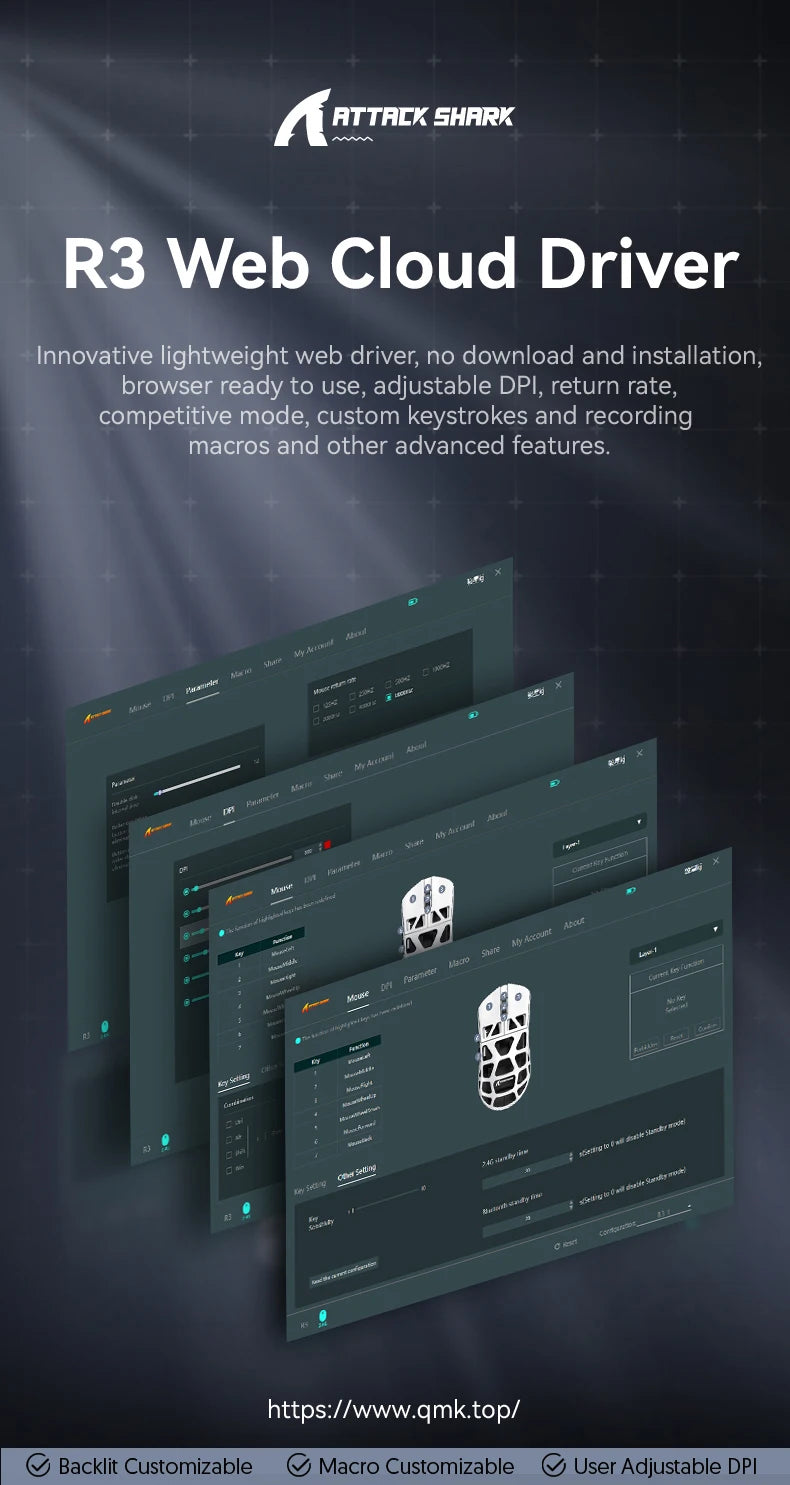 Mysz gamingowa ATTACK SHARK R3 ze stopu magnezu, konstrukcja honeycomb, ultralekka, 8K Hz, sensor PAW3395, 26000 DPI, ergonomiczna obudowa