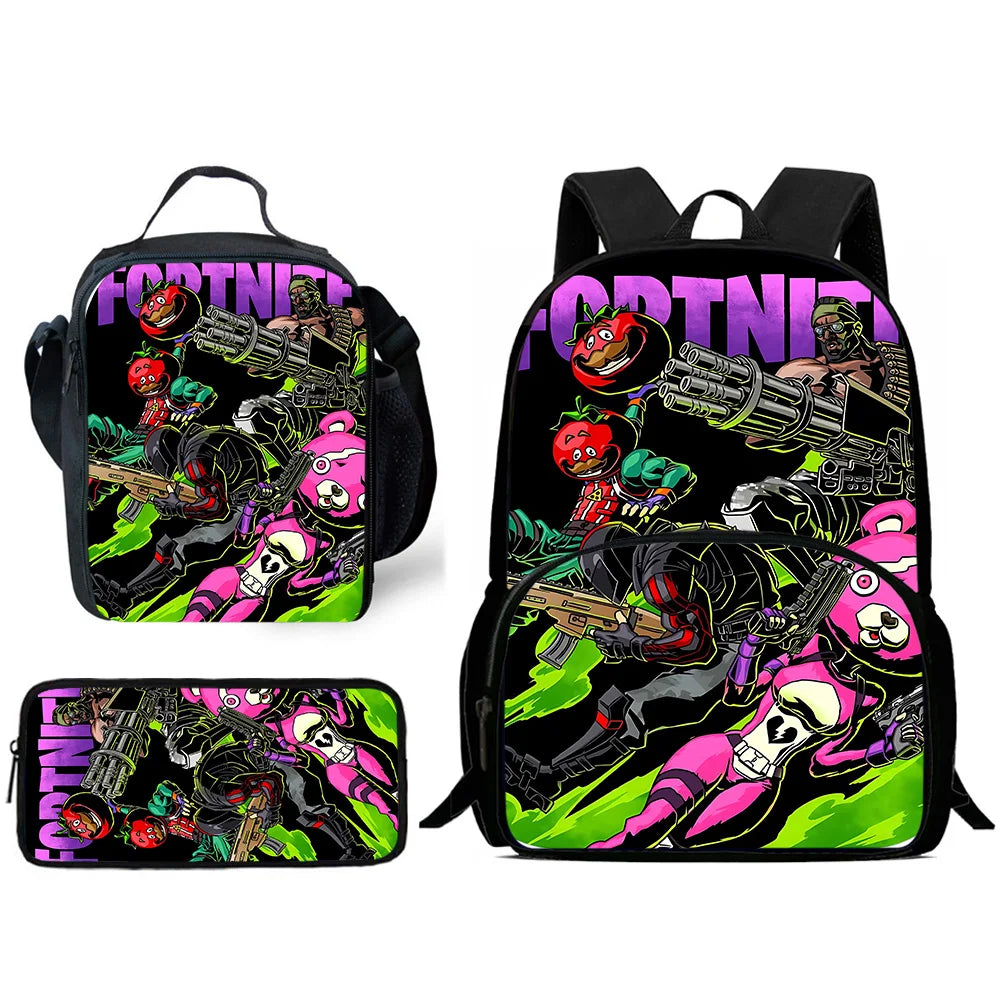 Zaini per bambini con design Hot Game, borsa pranzo e astuccio, borse scuola per alunni ad alta capacità, per bambino e bambina, regalo ideale F-FortniteS