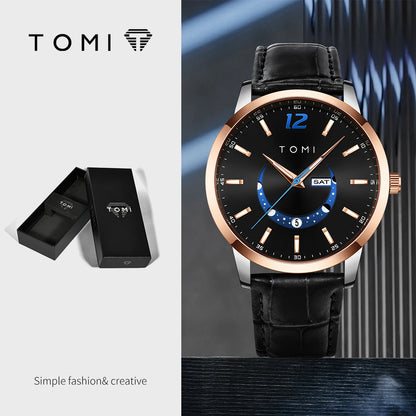 Ρολόι χαλαζία TOMI, επαγγελματικό και κομψό στυλ, με δερμάτινο λουράκι, κάσα από κράμα και καντράν με δείκτες – Σχεδιασμός υψηλής ποιότητας, ιδανικό δώρο για άνδρες