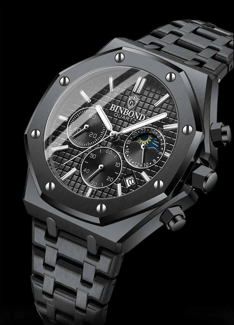 Montre-bracelet à quartz de luxe BINBOND, lumineuse, étanche, chronographe avec date automatique, montre pour homme, montre de sport et d'affaires.