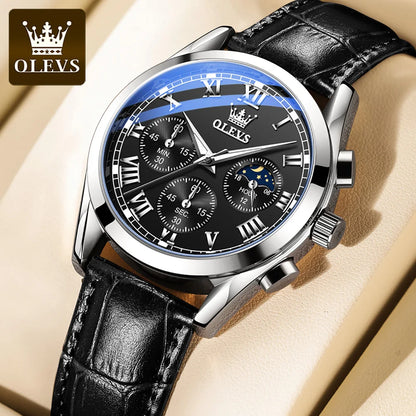 Montre à quartz pour homme OLEVS 2871 – Modèle de grande marque, étanche, style business, avec affichage des phases de lune, aiguilles luminescentes et bracelet en cuir.