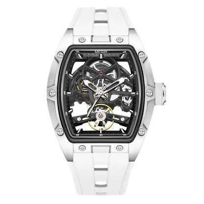 Orologio da polso automatico MEGIR da uomo, fashion, cinturino in silicone nero, impermeabile, luminoso, sportivo, meccanico, con quadrante tonneau 2242