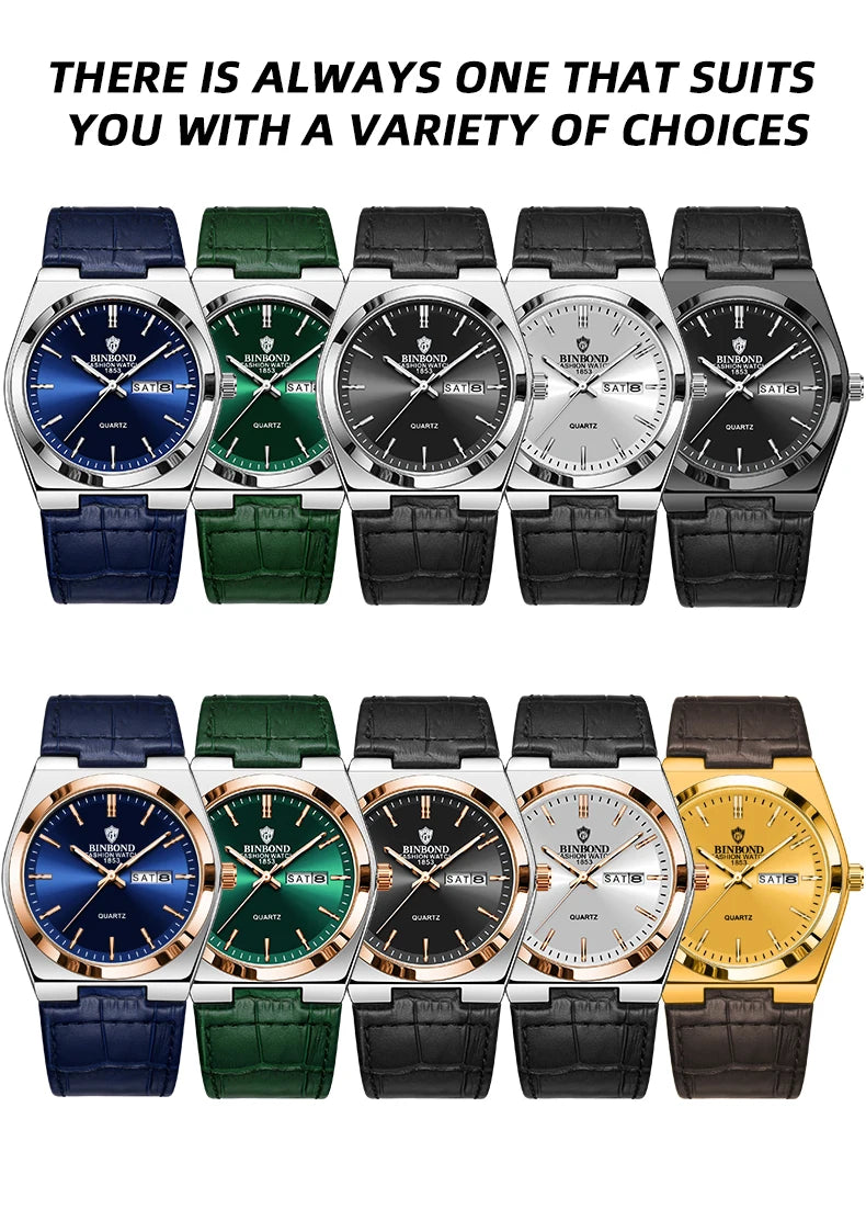 BINBOND Luxury leather strap quartz wristwatches precise luminous waterproof auto date week display durable men's watch reloj