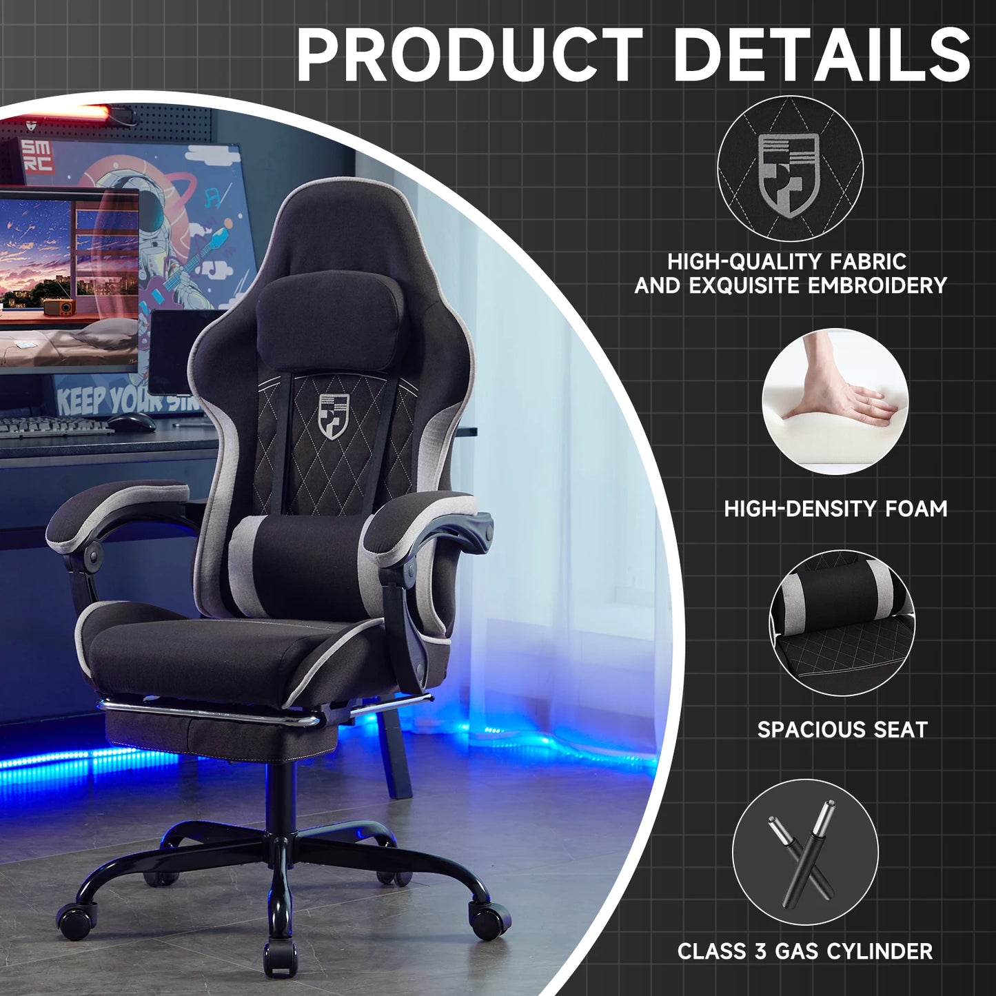 Gaming Chair with Footrest Gamer Chairs Ergonomic with Lumbar Cushion Headrest Gaming Chair Height Adjustable Computer Chair