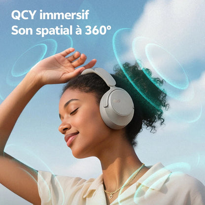 Casque sans fil Bluetooth 6.0 QCY BH25H3SA avec audio spatial 3D, réduction de bruit active adaptative -56 dB, haut-parleur de 53 mm, casque pliable supra-auriculaire