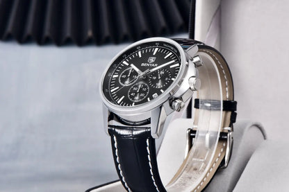 Montre de luxe pour homme Benyar – Chronographe avec date, bracelet en cuir, étanche, luminescente, style sportif et militaire, montre à quartz