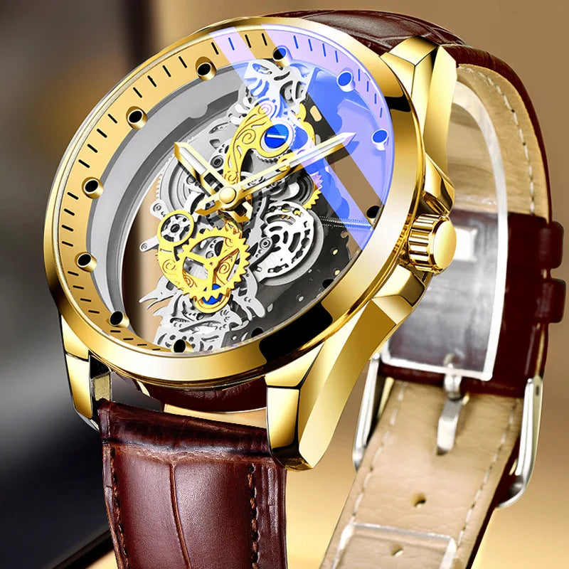 Montre tendance pour homme, modèle à double ouverture, style luxe doré, imitation tourbillon mécanique, mouvement à quartz.