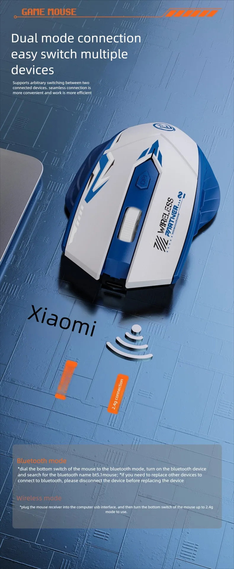 Безжична геймърска мишка 2.4G USB, тиха мишка с двоен режим Bluetooth, презареждаема 1600DPI мишка, тиха компютърна мишка за PC и лаптоп