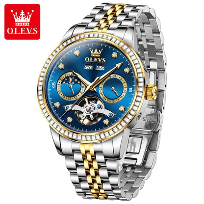 OLEVS 7016 Automatic Man Watch Stainless Steel Diamond Bezel Skeleton Flywheel Moon Phase Luminous Waterproof Mechanical Watches