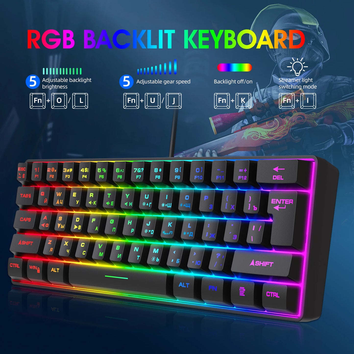 Tastiera da gaming, tastiera ultra-compatta a 61 tasti con retroilluminazione RGB russo/inglese, tastiera da ufficio impermeabile con sensazione meccanica per il gaming
