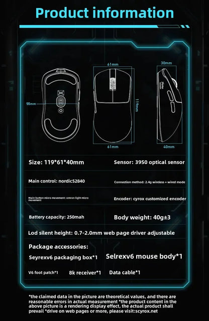 SCYROX V6 non-porous wireless mouse esports 40g 750IPS with 8k receiver fast response 3950 high quality 8KHz  gaming mouse