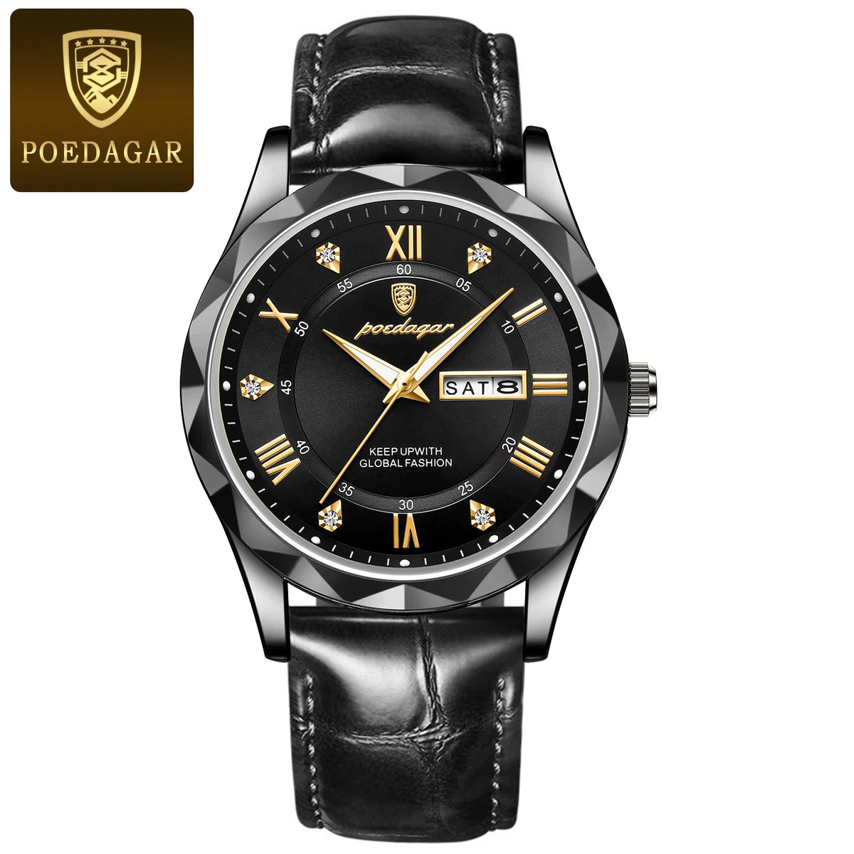 POEDAGAR men’s watch, original luxury model: water-resistant, luminescent, with date and day display. A classic, professional-style quartz watch, featuring a leather strap.