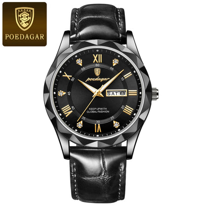 POEDAGAR men’s watch, original luxury model: water-resistant, luminescent, with date and day display. A classic, professional-style quartz watch, featuring a leather strap.