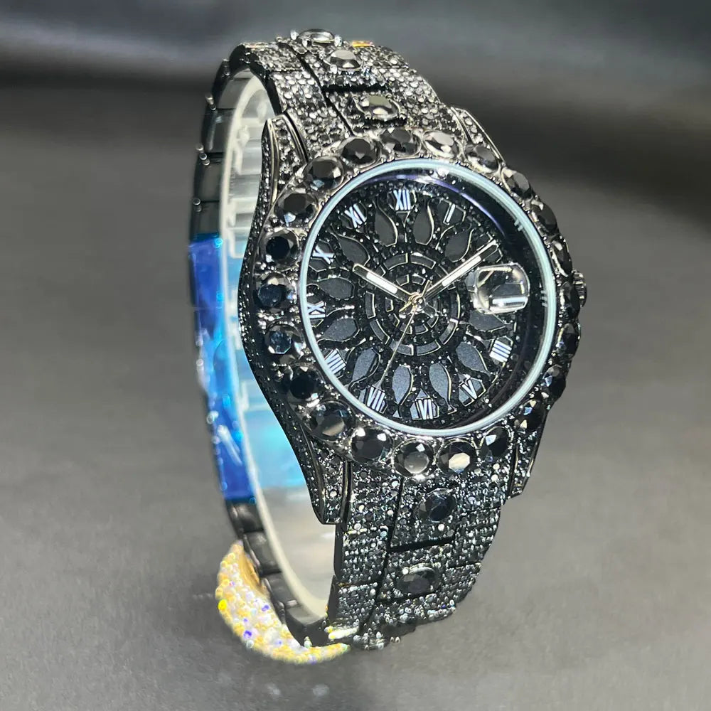 MISSFOX Fashion lced Out Silver Mens Watch Luxury Calendar Waterproof Watch For Man Hip Hop High Quality Big Diamond Wristwatch