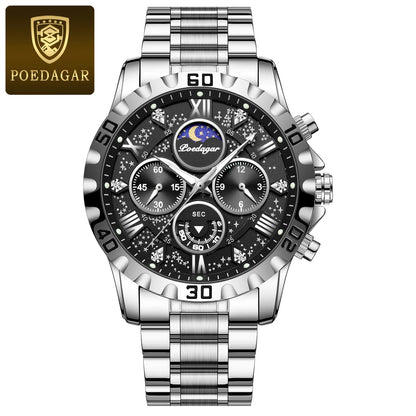 Montre pour homme POEDAGAR – Chronographe de luxe, étanche et luminescent, en acier inoxydable, style sportif et militaire, à mouvement à quartz