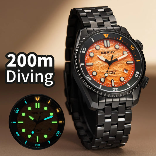 BERNY 20ATM Automatic Men's Watch Diver Sports Diving Watches Luxury Sapphire 316L Stainless Steel Mechanical Waterproof Watches