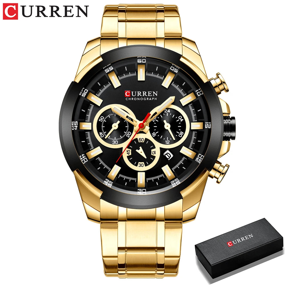 Montre chronographe pour homme CURREN, grand cadran de 48 mm, bracelet en acier inoxydable, trois sous-cadrans, montre-bracelet de sport à quartz, style luxueux