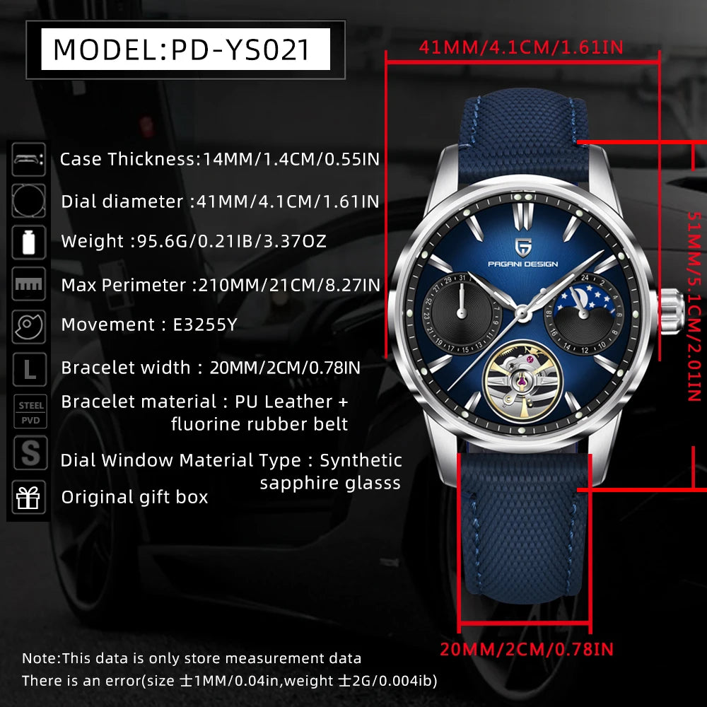 PAGANI DESIGN Newest 41MM Luxury Men's Mechanical Watch Sapphire Glass Leather Waterproof Pilot Tourbillon Moon Reroj Hombre