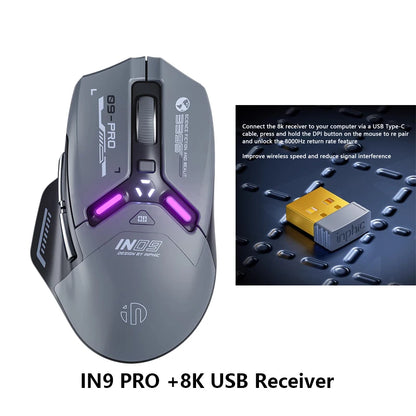 Inphic IN9PRO Wireless Gaming Mouse 26000DPI 8K Polling Rate Bluetooth 5.0 Wired 2.4G Tri-mode RGB Ergonomic Gaming Mouse