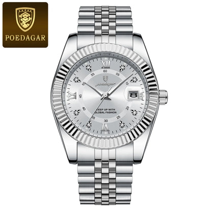 Montre pour homme POEDAGAR – Modèle de luxe, étanche, en acier inoxydable, avec affichage luminescent, style militaire, fonction date, mouvement à quartz, idéale pour le travail ou les occasions professionnelles.