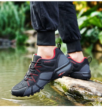 Męskie buty trekkingowe — terenowe buty sportowe outdoor, oddychająca siateczka, antypoślizgowe i odporne na zużycie, do wędrówek i jazdy na rowerze na zewnątrz