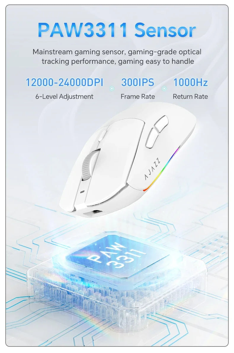 AJAZZ AJ139 V2 MC/AJ139 PRO vezeték nélküli gaming egér PAW3311/PAW3395 szenzorral, 12000DPI/26000DPI, 500mAh, Bluetooth gamer egér PC-hez