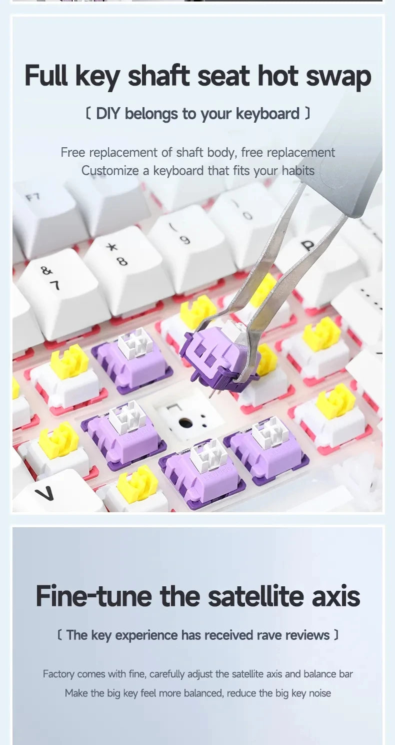 Teclado mecánico gaming Aula F99 de 99 teclas, tres modos: 2.4g inalámbrico, Bluetooth y cableado, hot swap, PBT, gasket y RGB para juegos y escritura