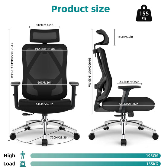 Ergonomski pisarniški stol Daccormax s 3D-podporo za ledveno območje, mrežasti pisarniški stol, nastavljiv naslon za glavo, nagibni vrtljivi računalniški stol za domačo pisarno