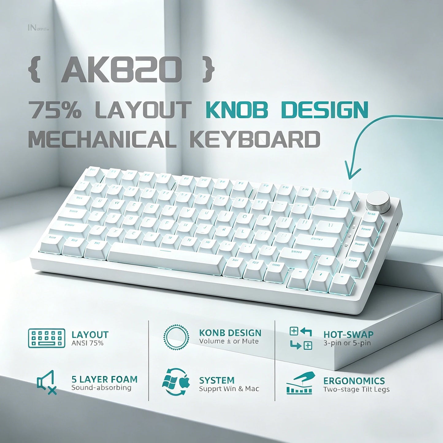 Teclado mecánico con cable AJAZZ AK820 75%: hot‑swappable, retroiluminación RGB/blanca/azul hielo, control con perilla de volumen | Para oficina y gaming