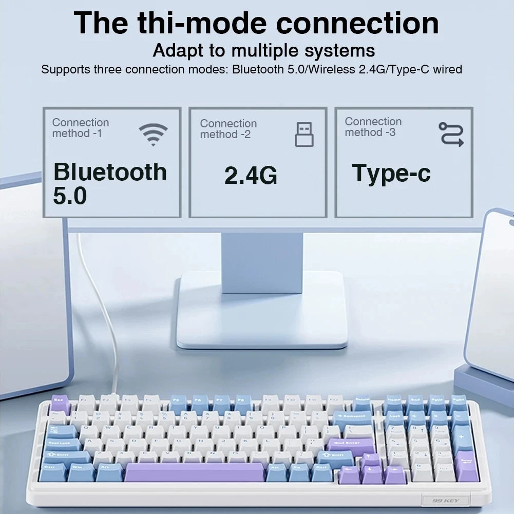 Teclado mecánico gaming Aula F99 de 99 teclas, tres modos: 2.4g inalámbrico, Bluetooth y cableado, hot swap, PBT, gasket y RGB para juegos y escritura