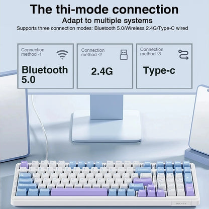 Teclado mecánico gaming Aula F99 de 99 teclas, tres modos: 2.4g inalámbrico, Bluetooth y cableado, hot swap, PBT, gasket y RGB para juegos y escritura