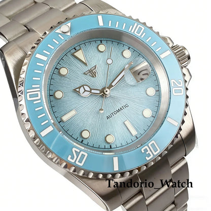 Tandorio 20ATM 40mm Men's Automatic Diver Watch For Miyota 8215 Asia 2824 Sapphire Glass Ice Blue Stainless Steel Jubilee Watch