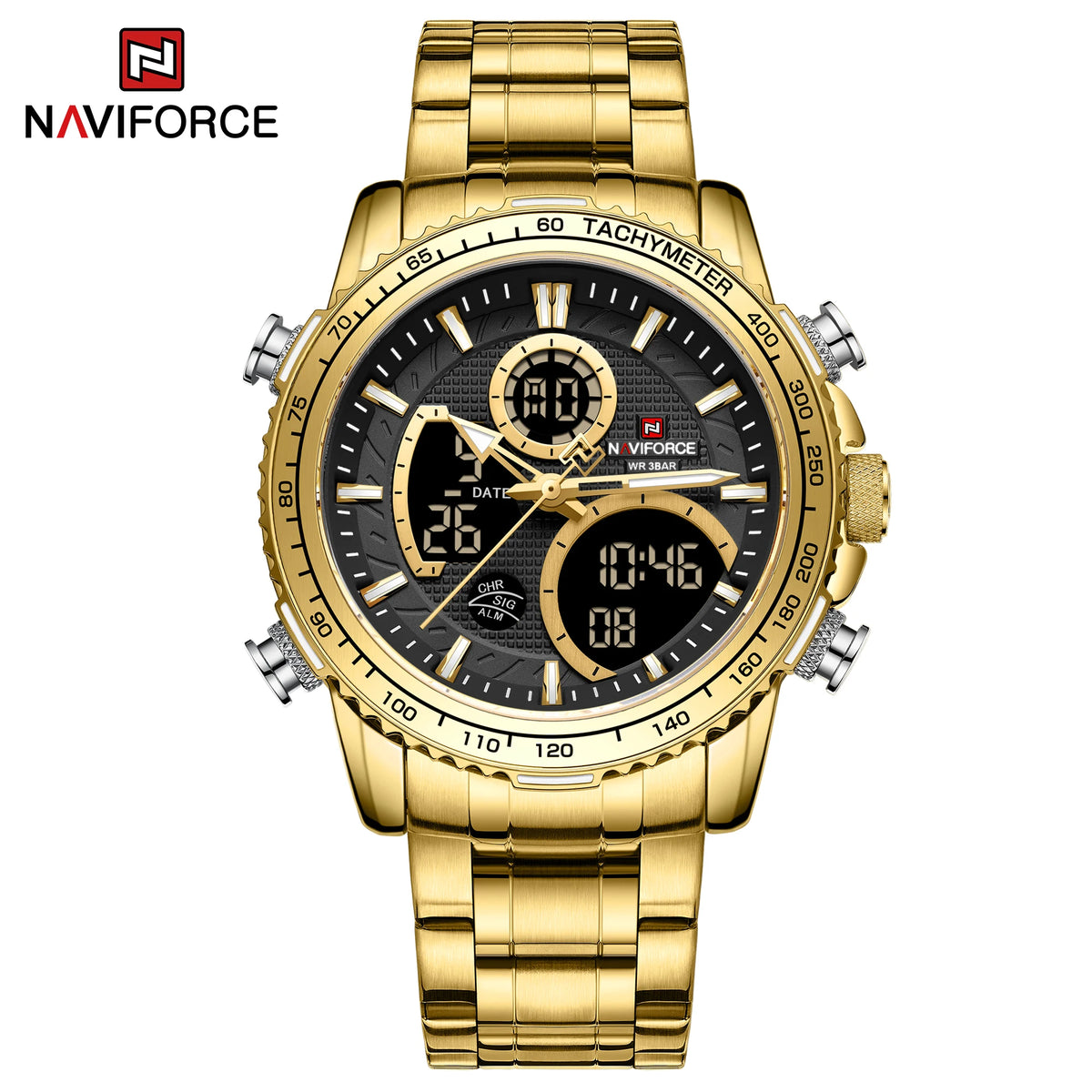 NAVIFORCE Men’s Sports Watch – Original luxury stainless steel wristwatch, water-resistant military-style model with dual display