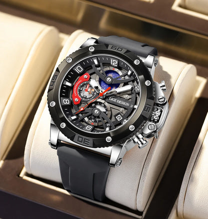 Montre pour homme LIGE Sports – Chronographe de luxe, bracelet en silicone, petits cadrans fonctionnels, mouvement à quartz, étanche et luminescente