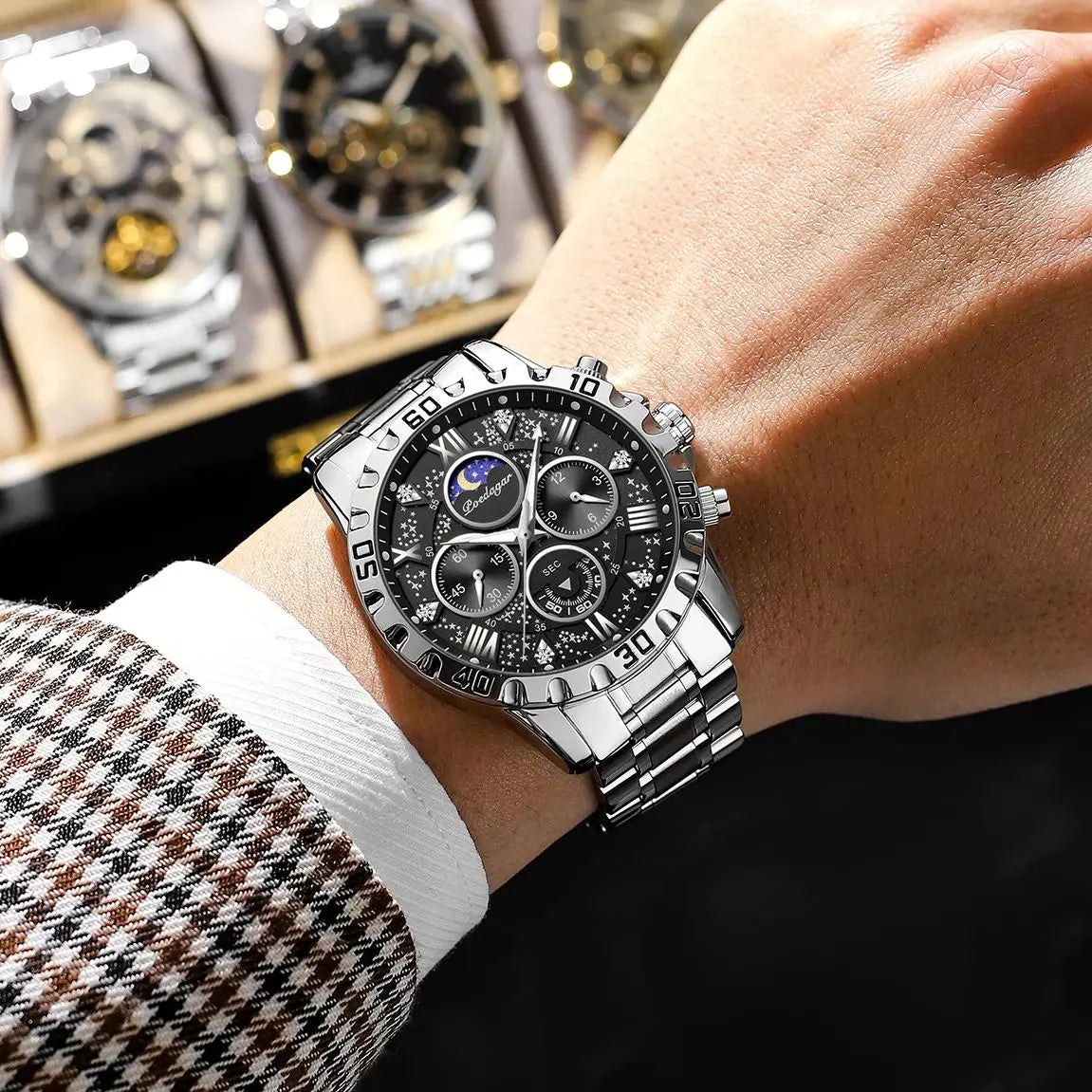 Montre homme de luxe POEDAGAR, étanche, lumineuse, en acier inoxydable, à quartz, chronographe, style militaire.
